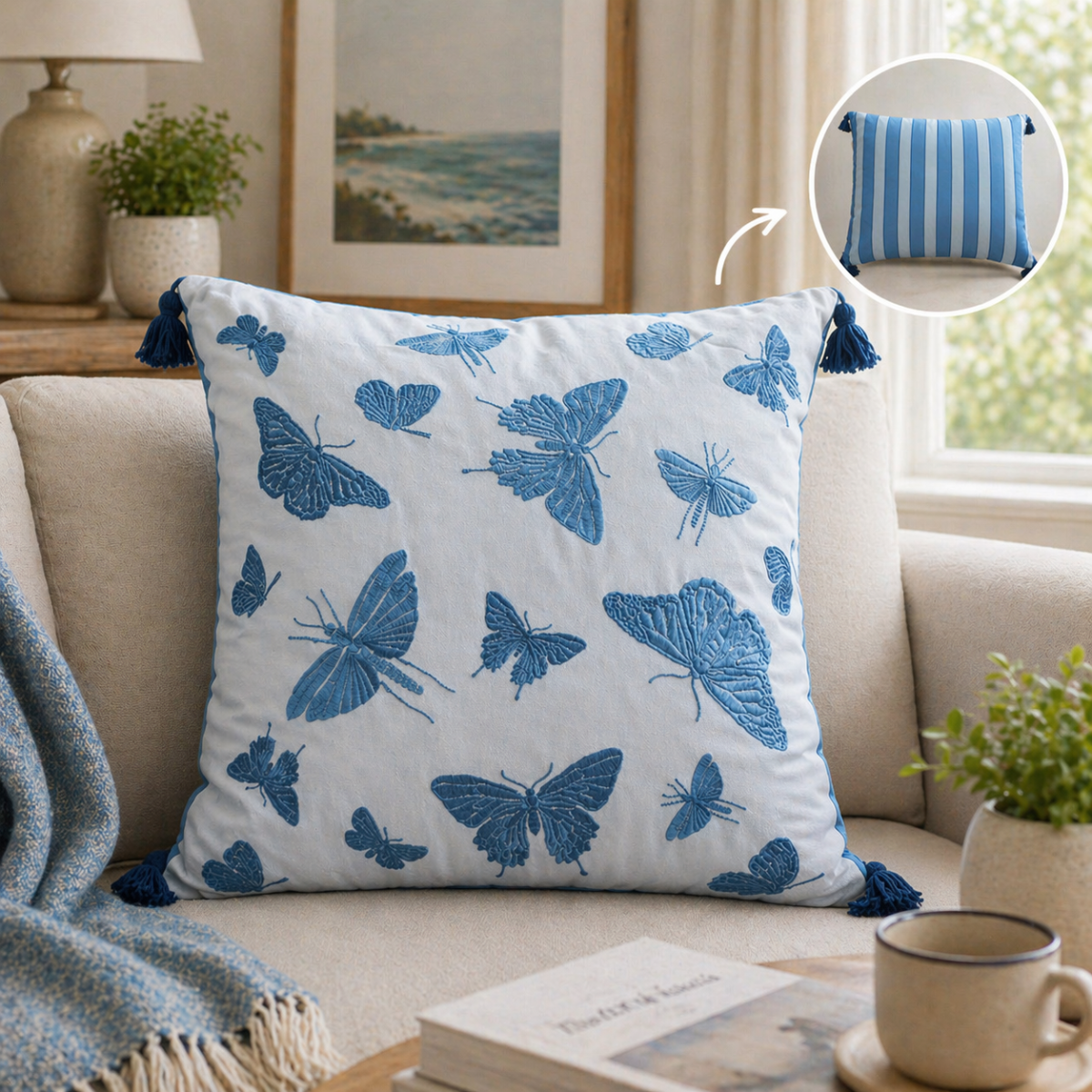 Blue Butterflies Reversible Cushion