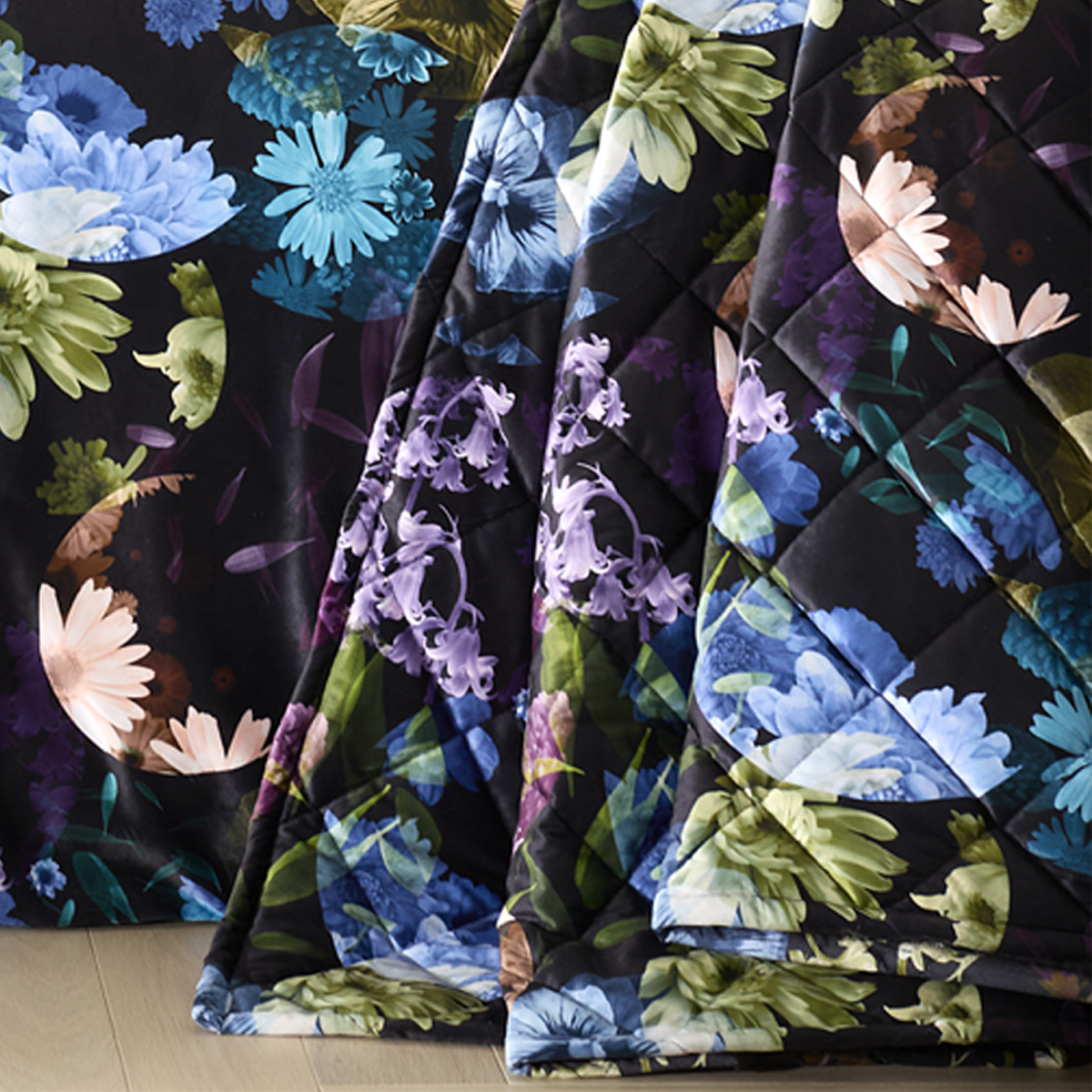 Alicia Black Floral Velvet Bedspread 200x230cm