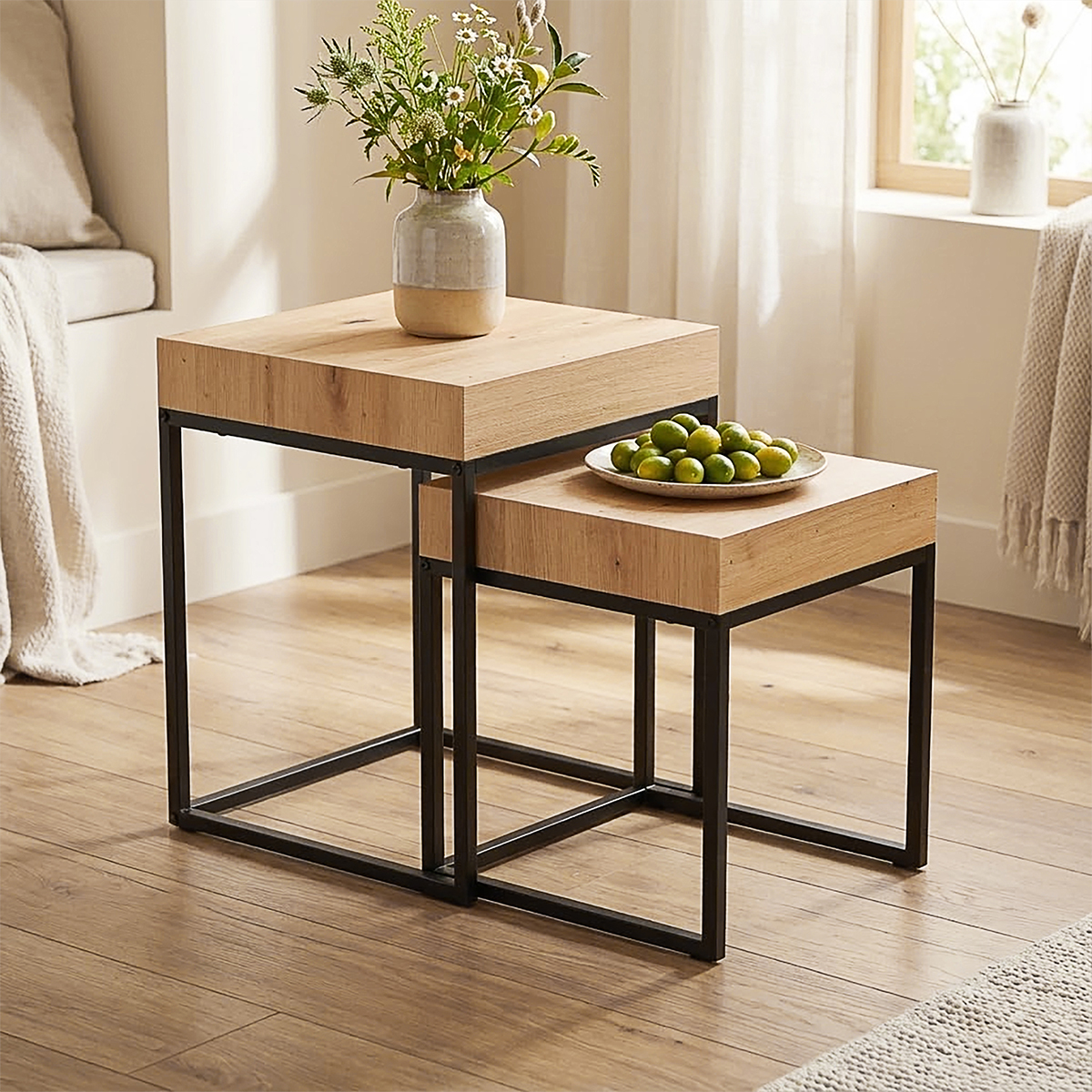 Bayonne Oak and Black Nest of 2 Tables