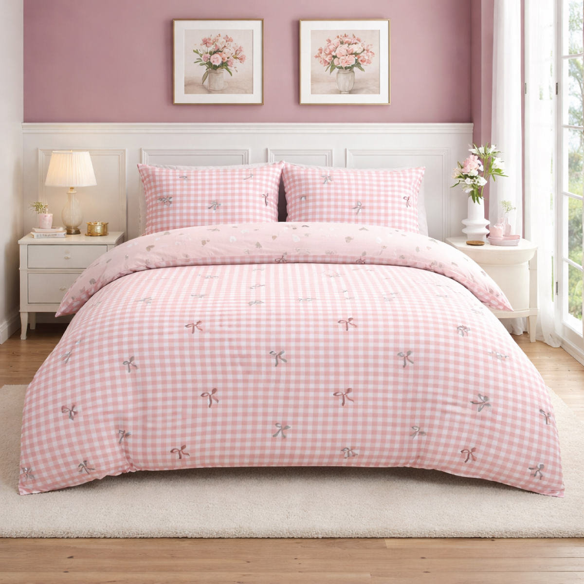 Bows and Hearts Pink Cotton Rich Duvet Cover Set