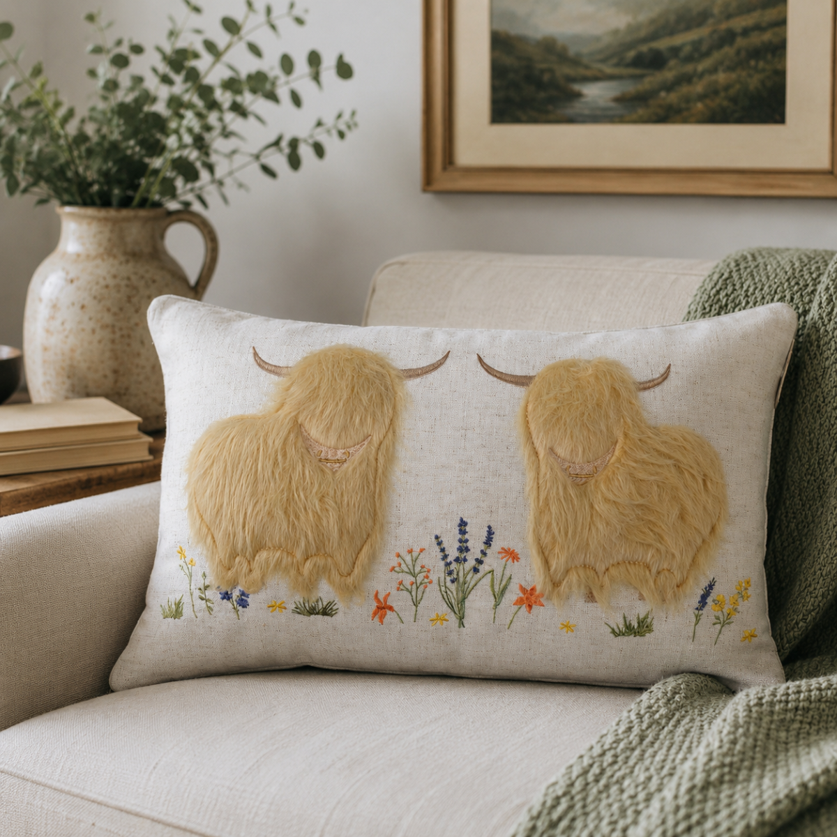 Highland Cow Natural Boudoir Cushion