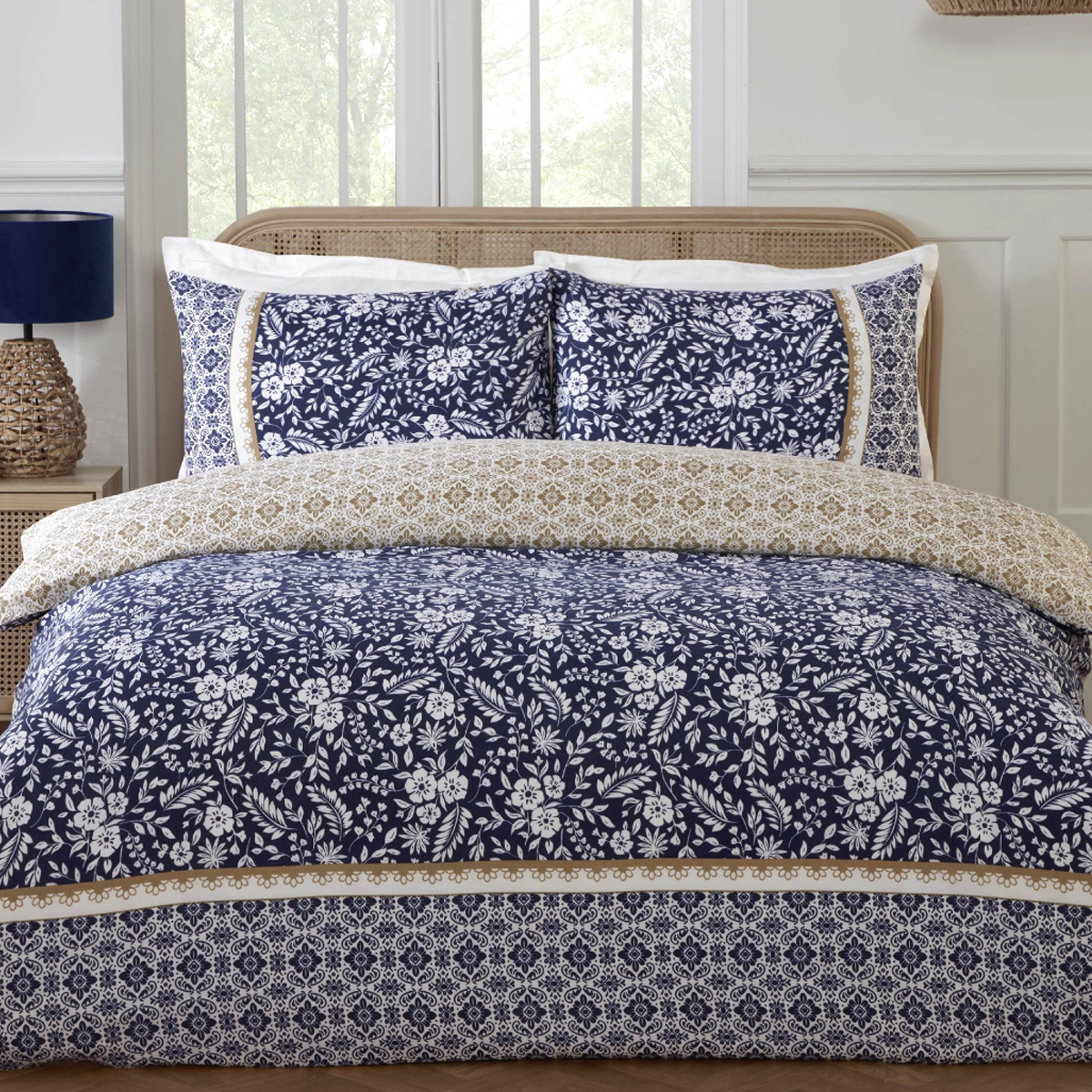 Elara Navy Duvet Cover and Fitted Sheet Set