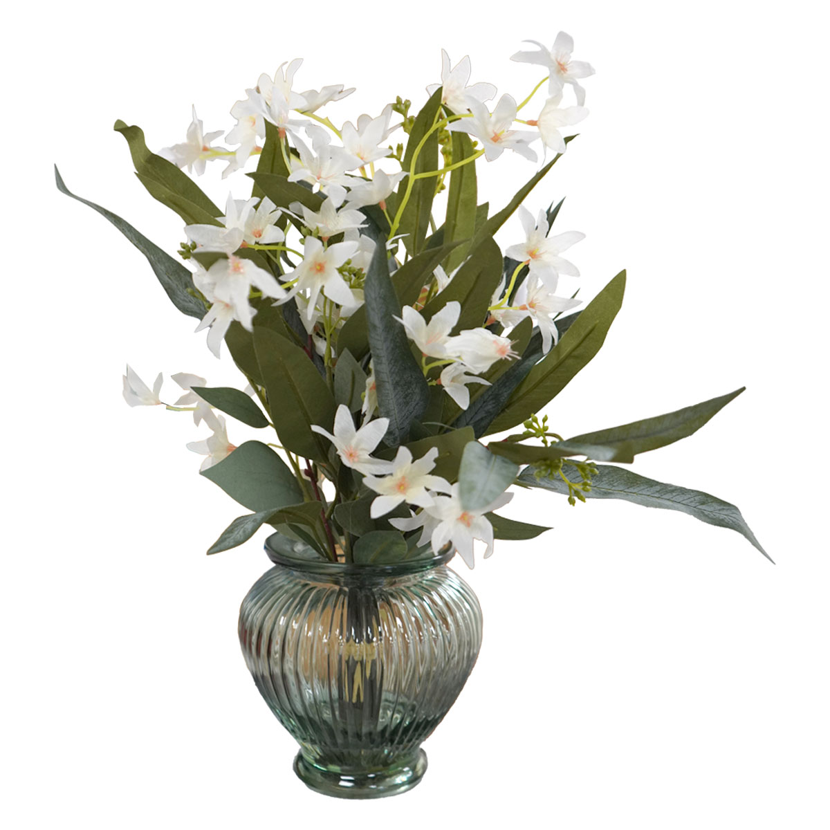 White And Green Florals in Glass Vase