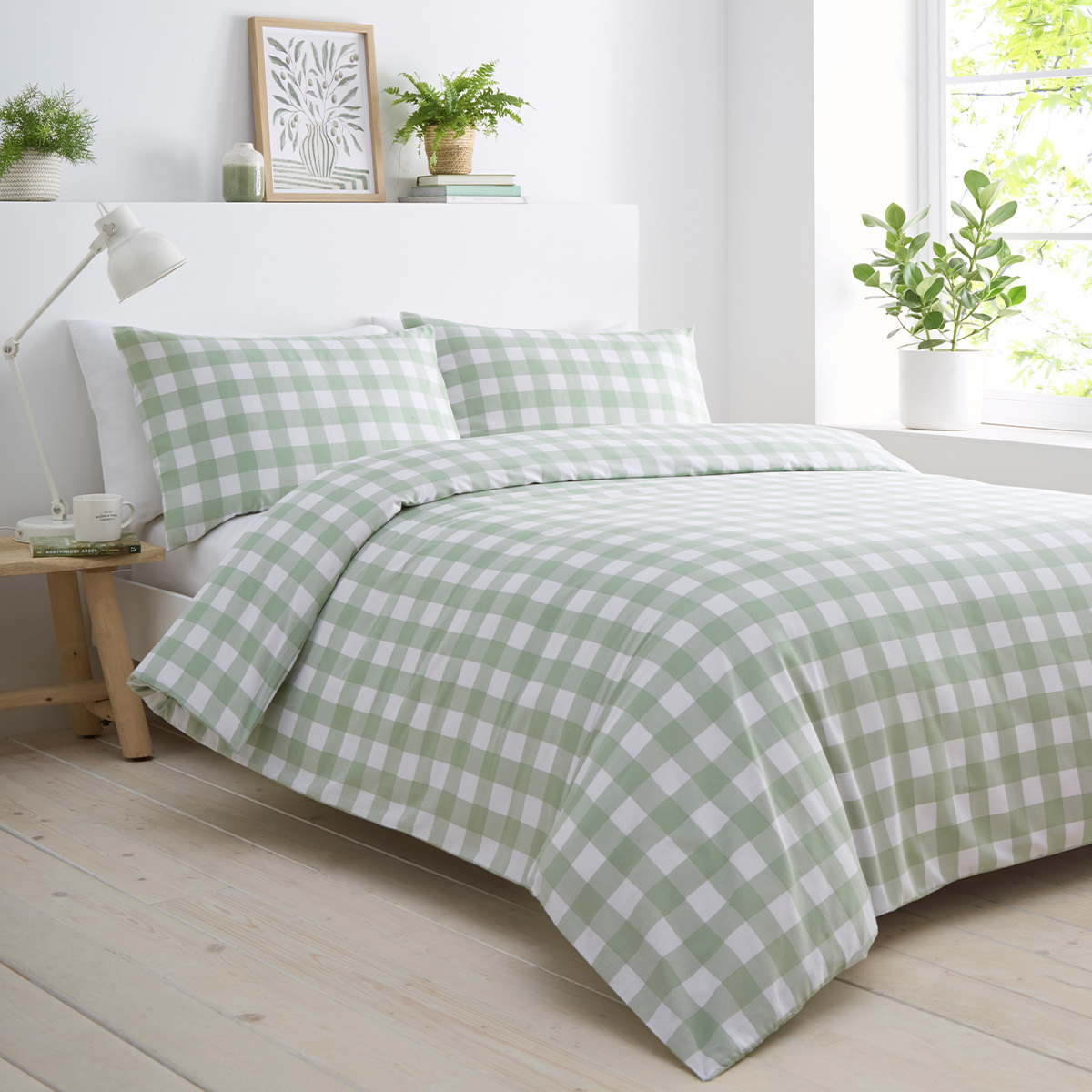 Gingham Sage Green Cotton Mix Duvet Cover Set