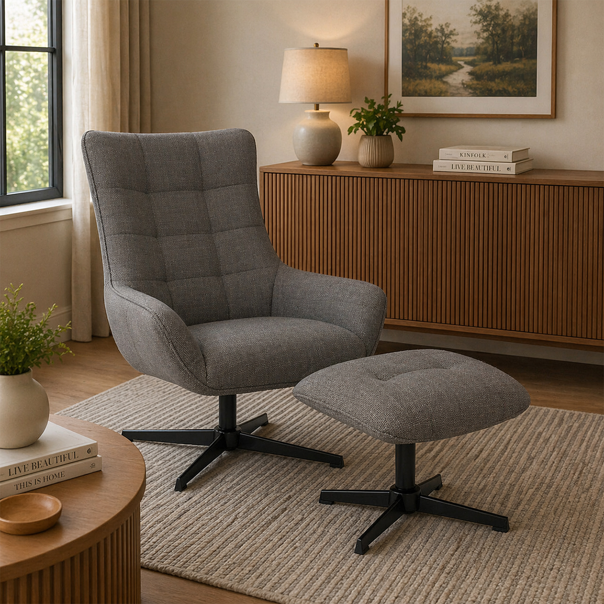 Morgan Dark Grey Swivel Chair and Footrest