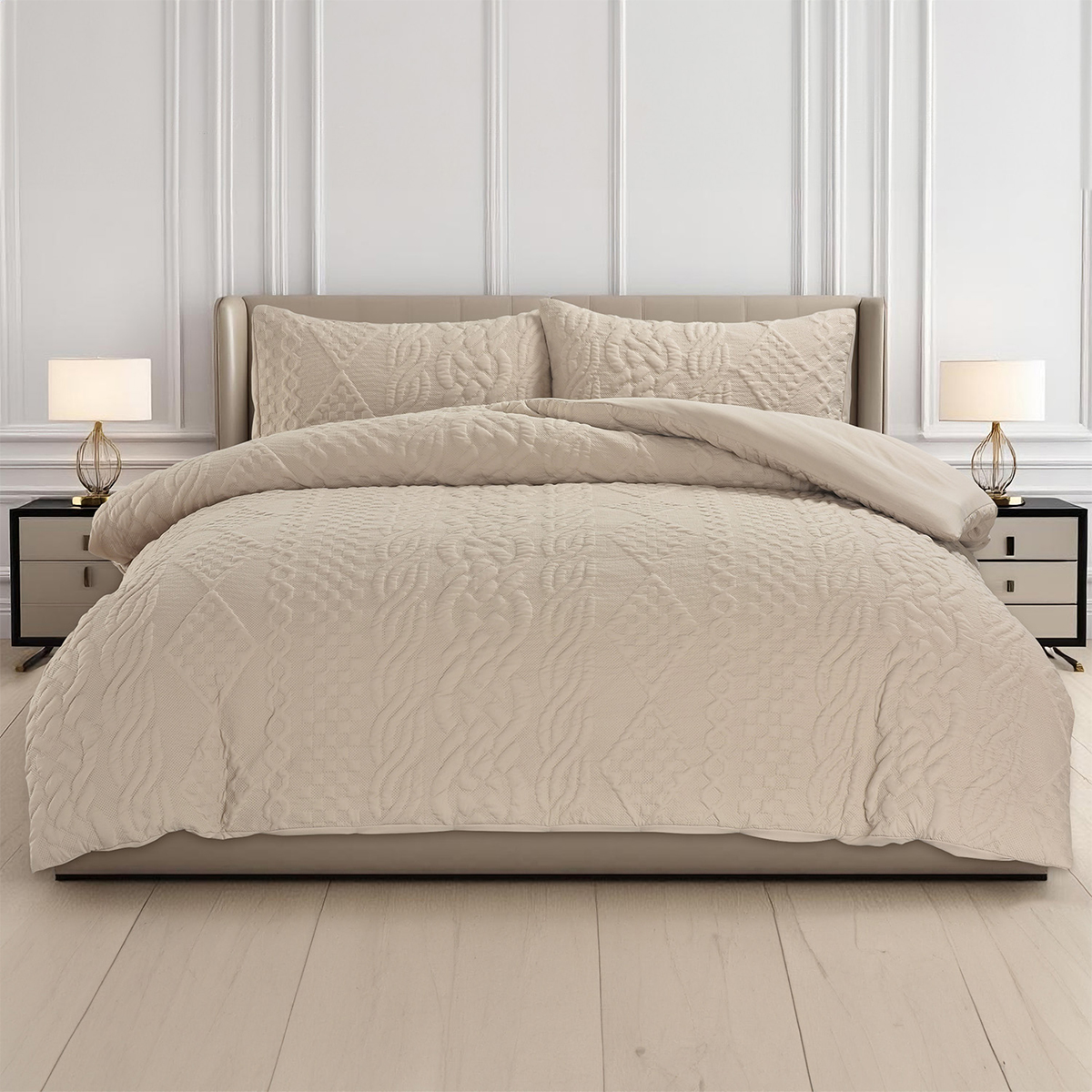 Quilted Cable Knit Beige Duvet Cover Set
