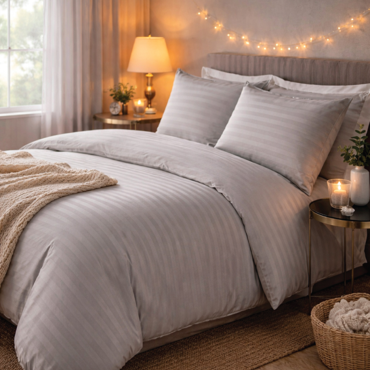 200 Thread Count Hilton Stripe Silver 100% Cotton Duvet Cover Set