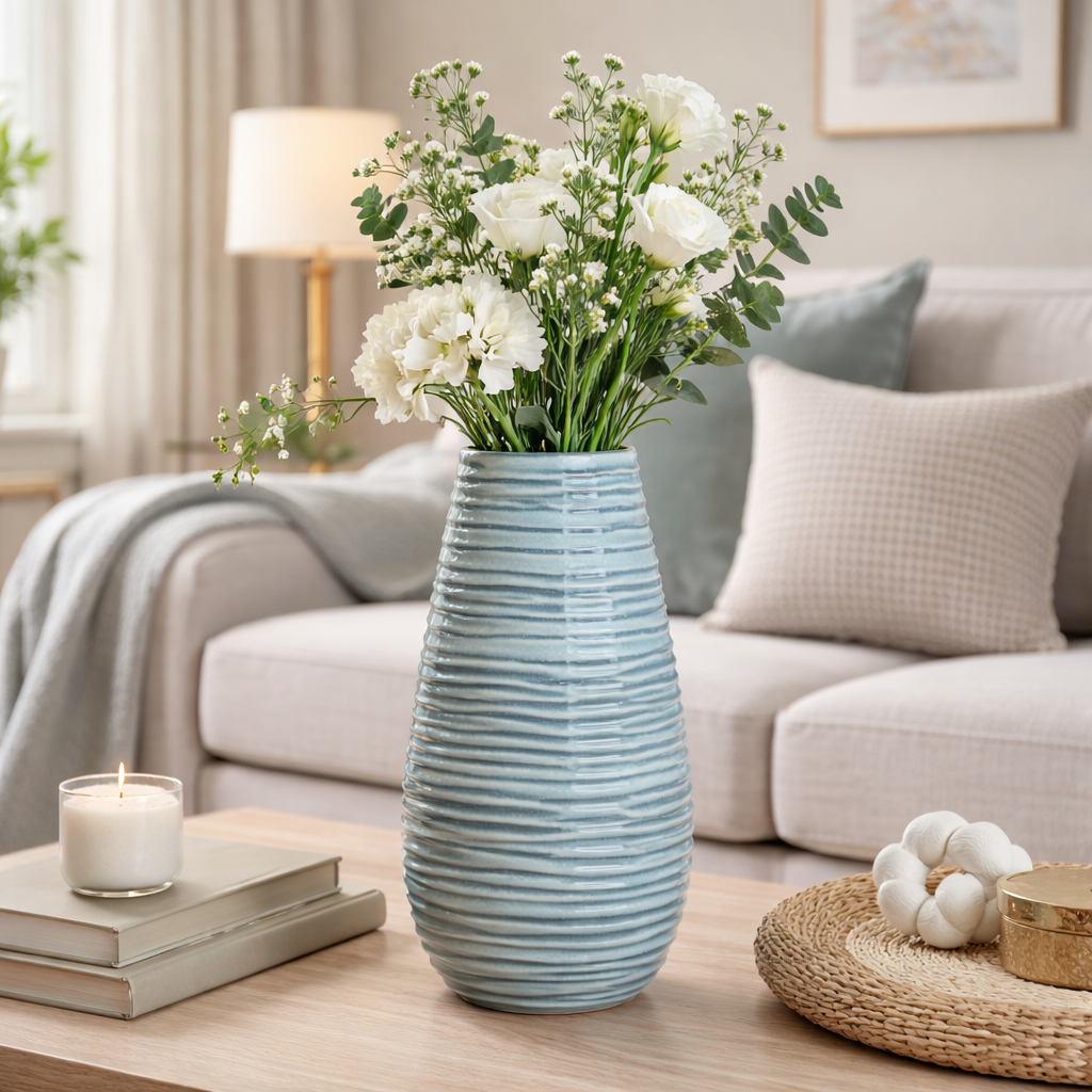 Reactive Glaze Blue Ridged Vase