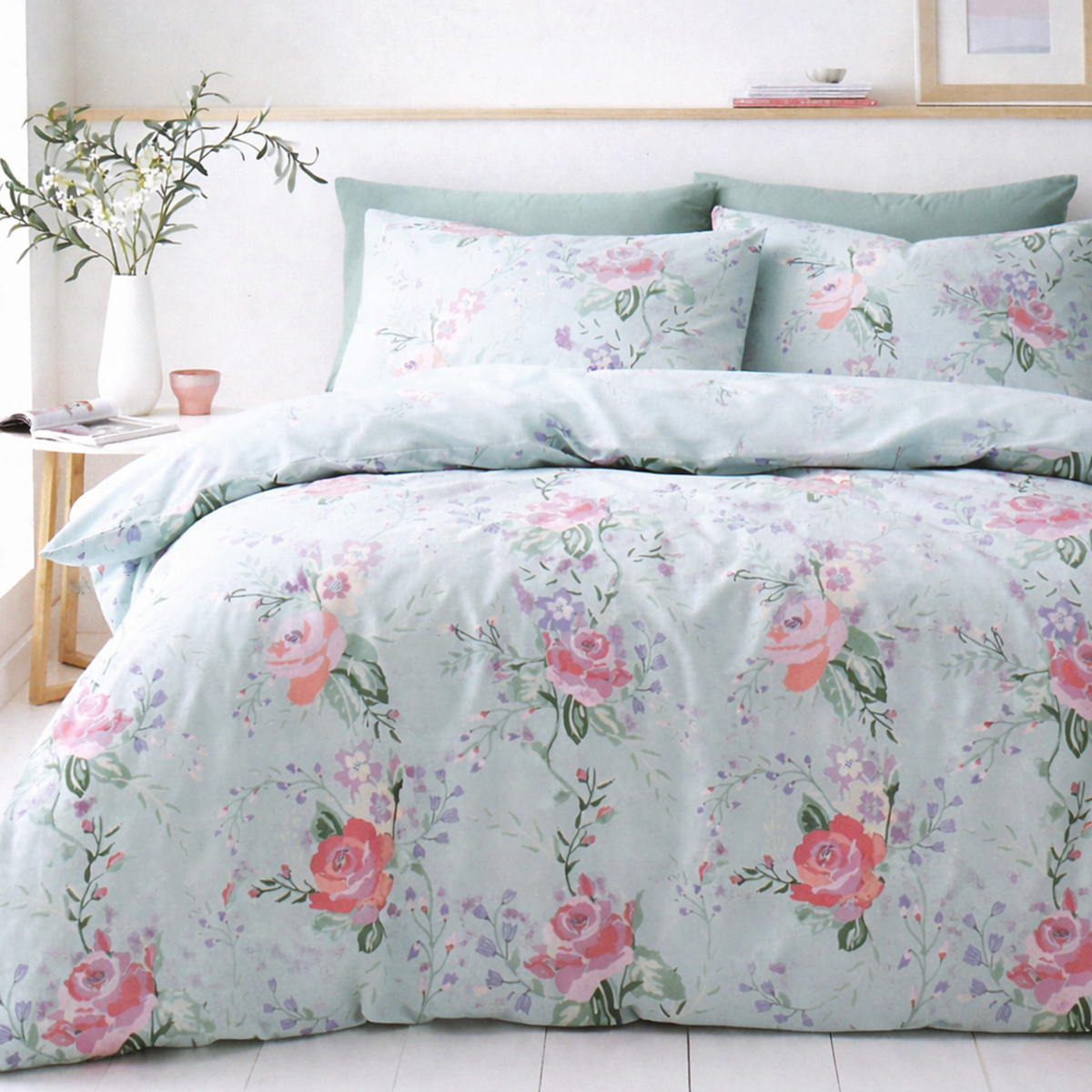 Rose Garden Duck Egg Cotton Mix Duvet Cover Set