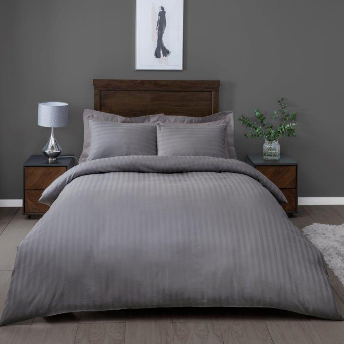 Satin Stripe Grey Duvet Cover Set