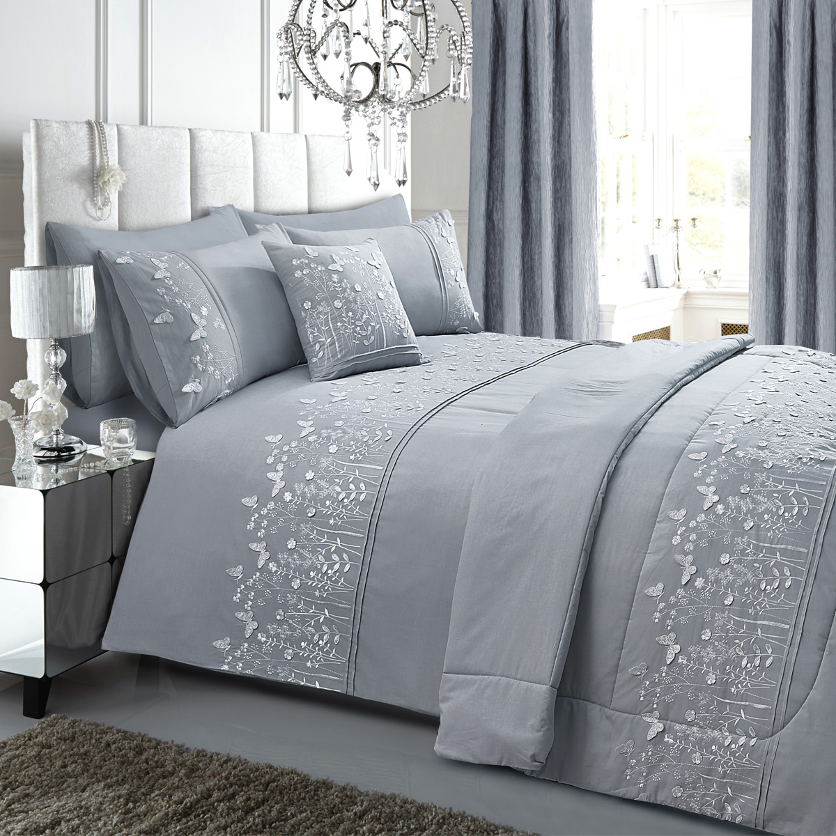 Butterfly Silver Cotton Rich Duvet Cover Set