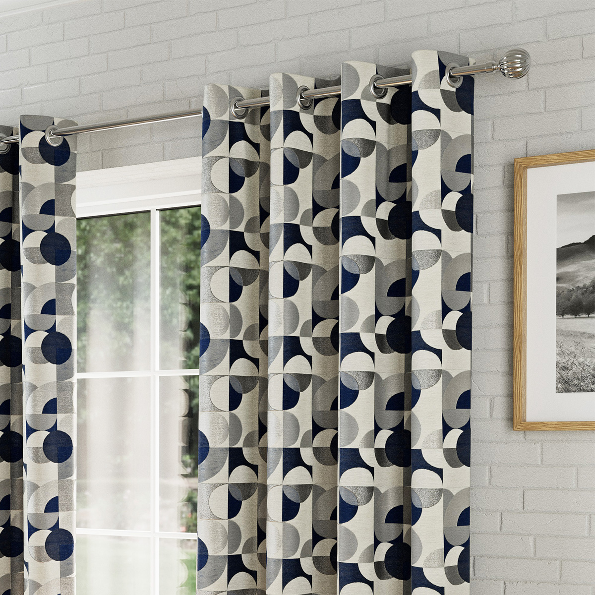 Sphere Navy Ready Made Eyelet Curtains